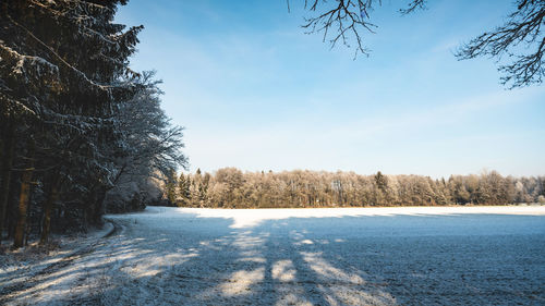 Scenic view of snow covered land against sky