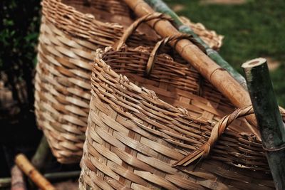 Close-up of rope tied up on wood