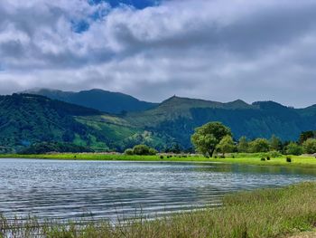 Scenic view of lake and mountains against sky