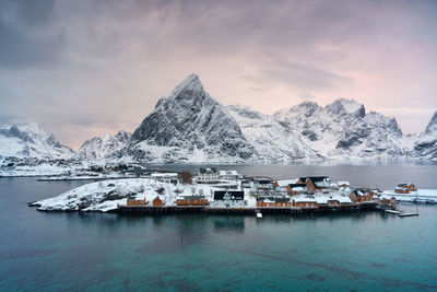 Scenic view of snowcapped mountains against sky during winter