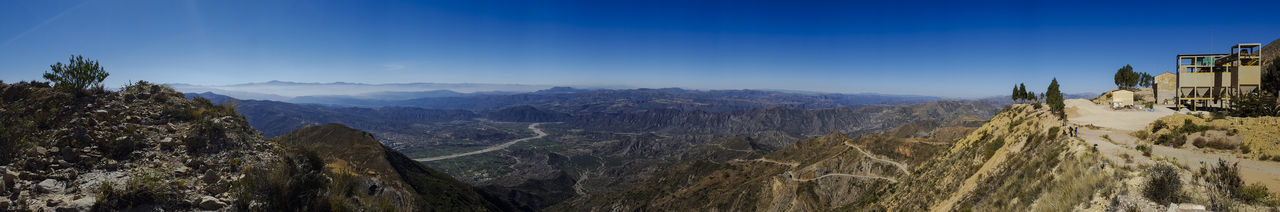 Panoramic view of mountains against clear blue sky