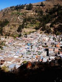 Townscape with mountain range in background