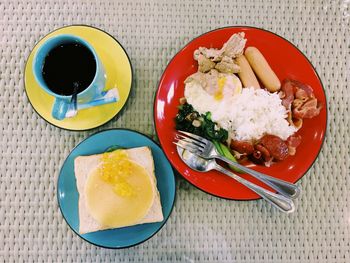High angle view of food in plate on table