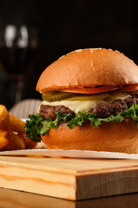 Close-up of burger on table