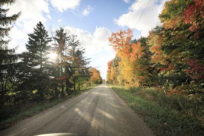 Road amidst trees against sky during autumn