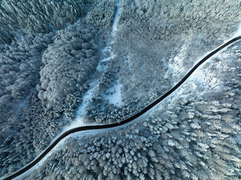 Mountain road in winter shoot from above drone aerial view trees covered in snow
