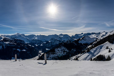 Scenic view of snow covered mountains against sky