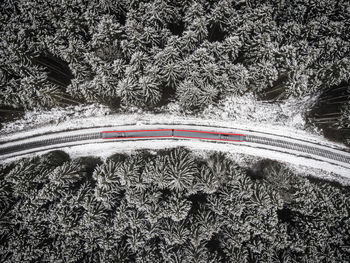 High angle view of snow covered land