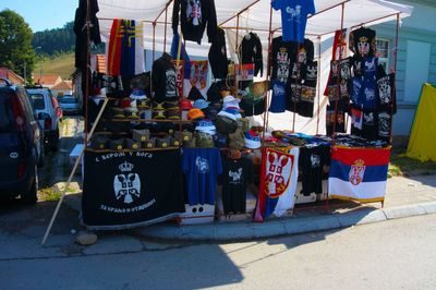 Various hanging on street in city