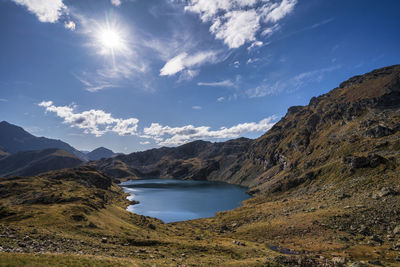 Scenic view of lake and mountains against sky