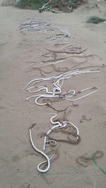 High angle view of bicycle sign on sand at beach