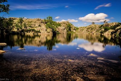 Scenic view of lake by trees against sky