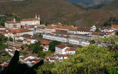 High angle view of buildings in town