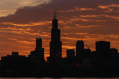 Silhouette of city at sunset