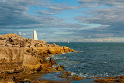 The trinity house obelisk or the trinity house landmark at portland bill, isle of portland, dorset.