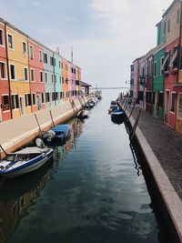 Boats moored in canal by buildings against sky