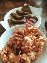 High angle view of food in plate on table