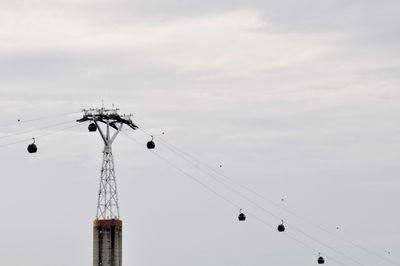 Low angle view of overhead cable cars hanging against sky