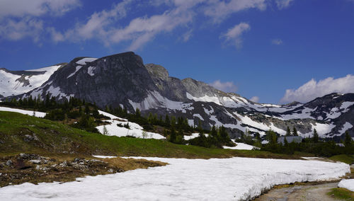 Scenic view of snowcapped mountains against sky