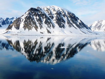 Reflection of snowcapped mountains in lake during winter