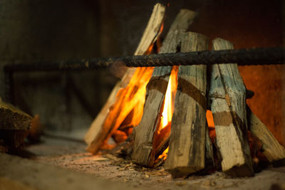 Close-up of fire on log at night