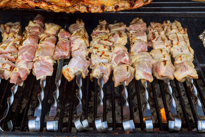 Close-up of meat on barbecue grill