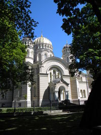 Low angle view of nativity cathedral against blue sky