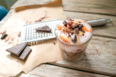 High angle view of ice cream on table