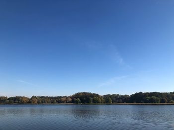 Scenic view of lake against clear blue sky