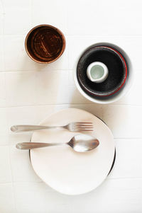 High angle view of coffee cup on table