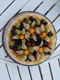 High angle view of fruits in plate on table