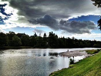 Scenic view of lake against cloudy sky