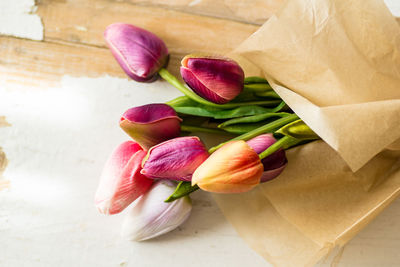 High angle view of rose bouquet on table