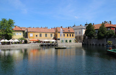 Buildings by river against blue sky