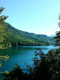 Scenic view of lake and mountains against clear sky