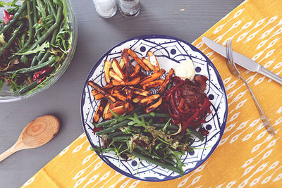 High angle view of food in plate on table