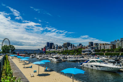 View of boats moored at harbor