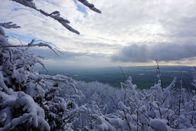 Scenic view of snow covered land against sky