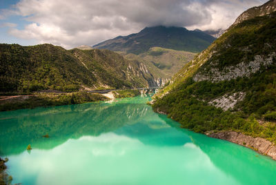 Scenic view of lake and mountains against sky