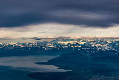 Aerial view of snowcapped mountains against sky