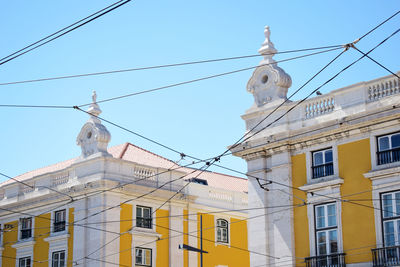 Low angle view of bird perching on building against clear sky