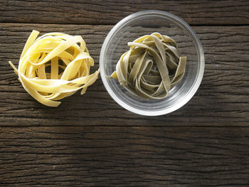 High angle view of tagliatelle pasta on table