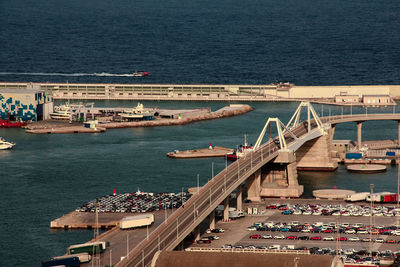 Aerial view of the port vell in barcelona, spain. 