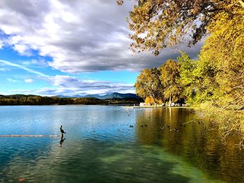 Reflection of trees in lake against sky