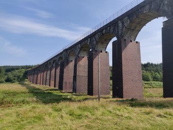 Old arch railway bridge through a grassy field