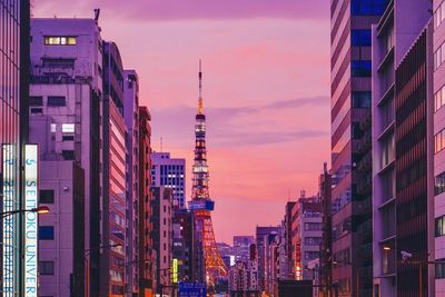 Buildings in city at sunset