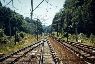 Railway tracks amidst trees against clear sky