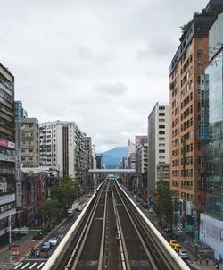 Railroad tracks amidst buildings in city against sky