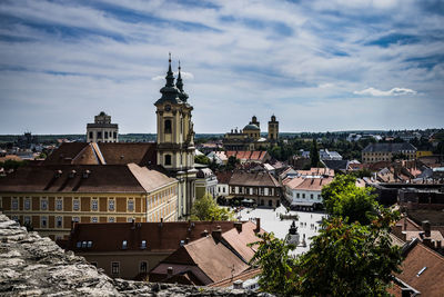 High angle view of town against sky