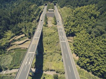 High angle view of road amidst trees against sky